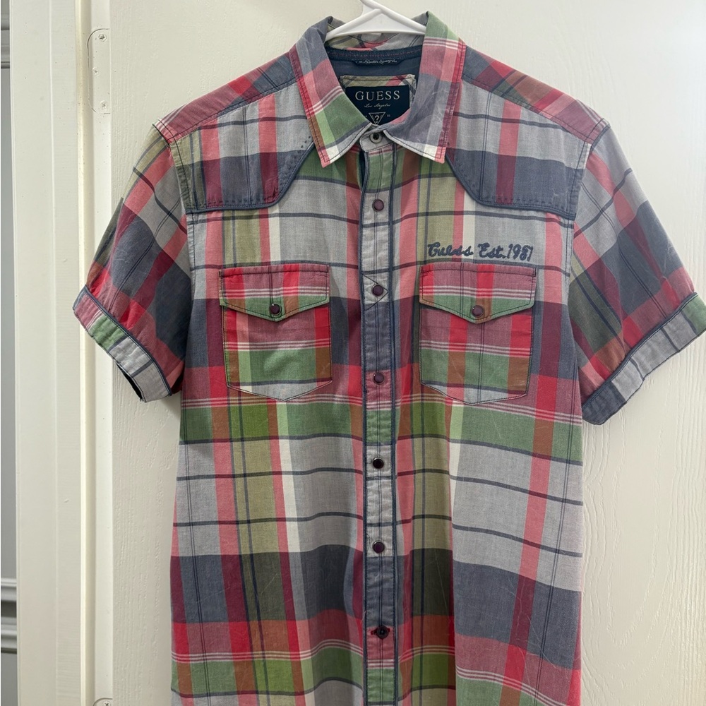 Guess Red and Green Casual Button Down Shirt